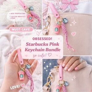 Starbucks Pink Glitter Wristlet Keychain with Mini Frappuccino Charm